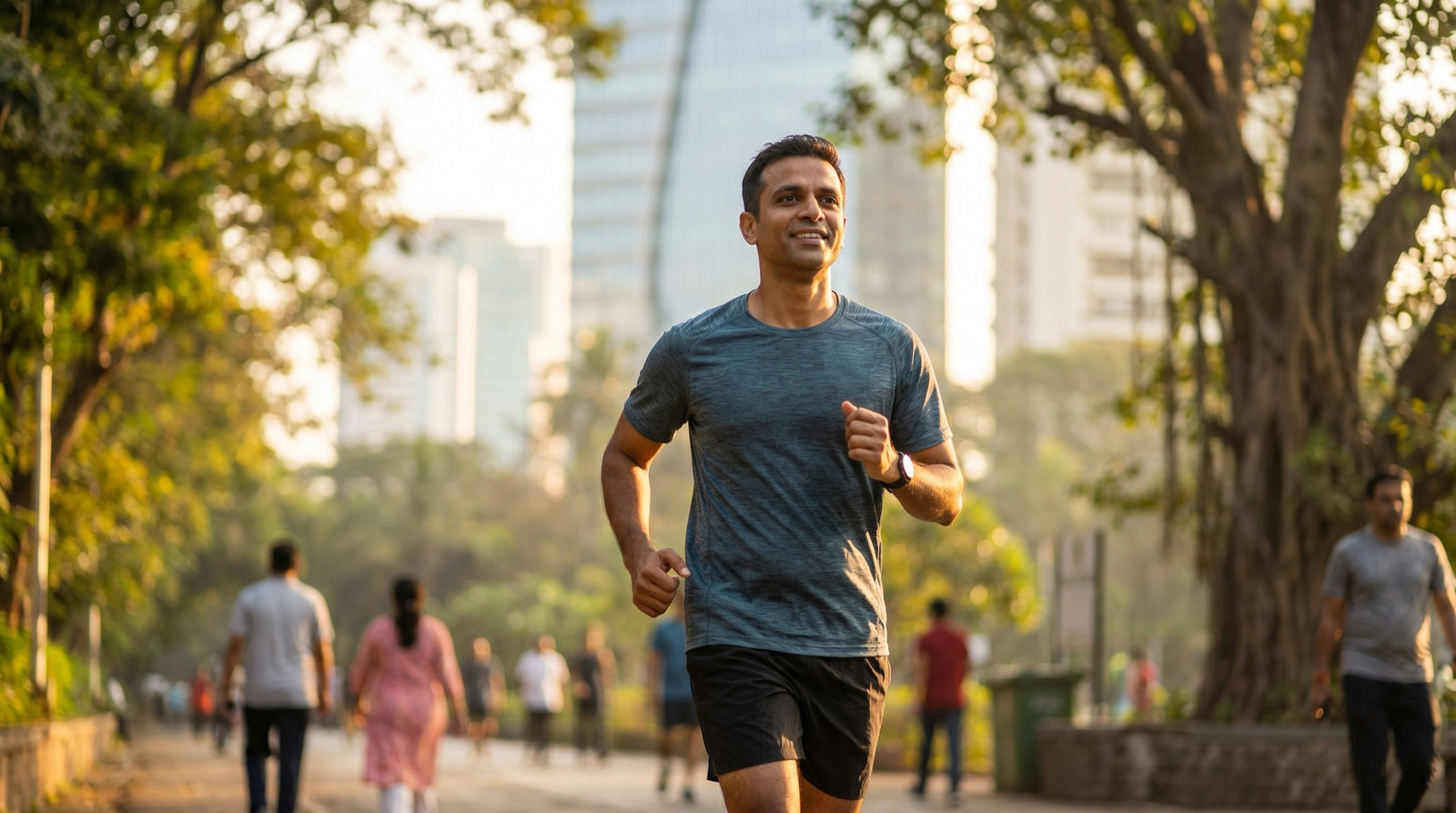 Indian man jogging in a city park at sunrise