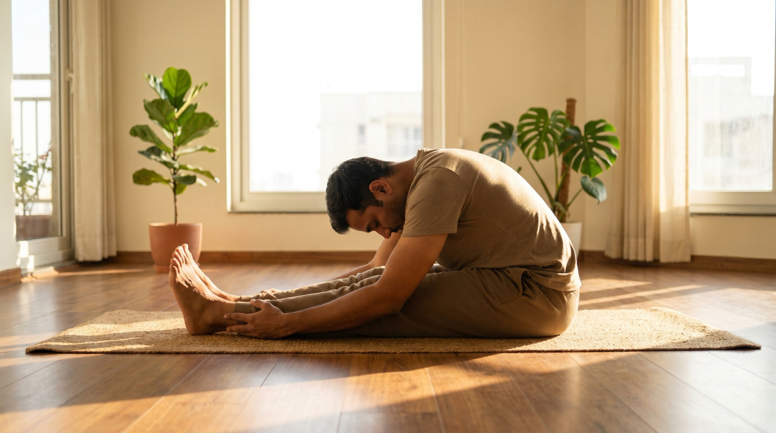 Man doing a seated forward-fold stretch at home